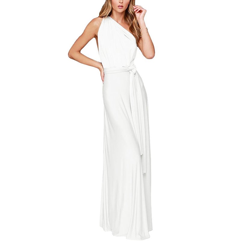 IWEMEK Women Transformer Convertible Multi Way Wrap Long Prom Maxi Dress Halter V-Neck Wedding Bridesmaid Evening Party Dress Adjustable Spaghetti Strap Backless Flowy Boho Beach Cocktail Dance Gown White L - Image 1